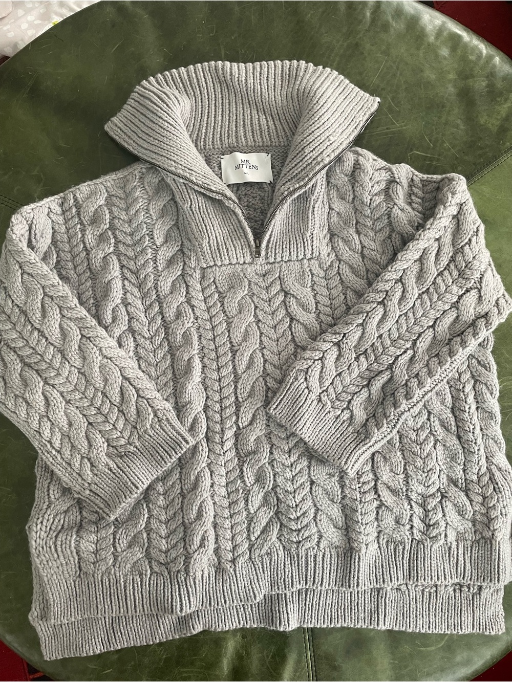 Mr. Mittens Light Gray Cable-Knit Zip 100% Wool Sweater